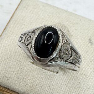 Antique Art Deco Sterling Silver Ring Etched Orange Blossoms Black Cabochon 7.5